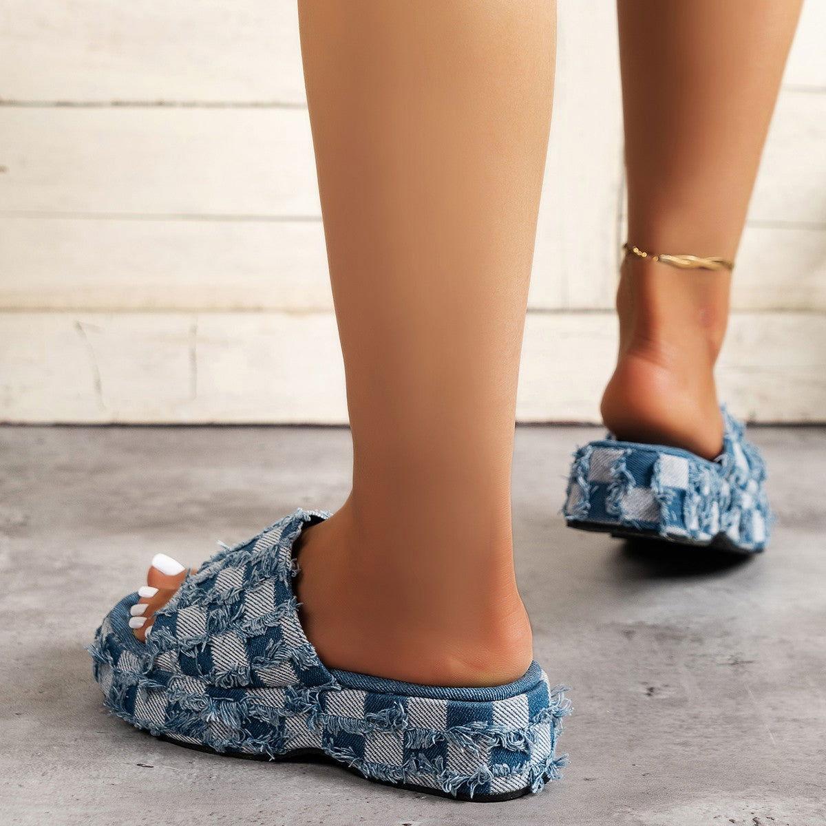Raw Hem Plaid Platform Sandals - Clothes For Her Online Store