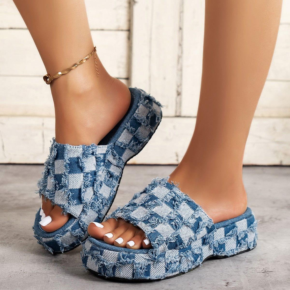Raw Hem Plaid Platform Sandals - Clothes For Her Online Store