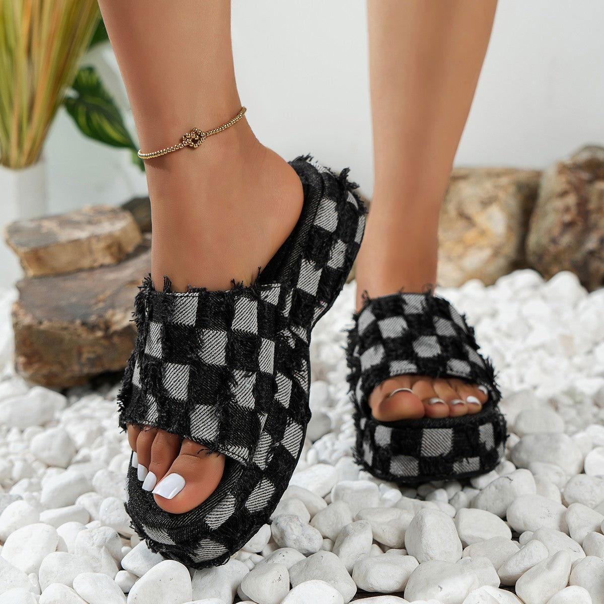 Raw Hem Plaid Platform Sandals - Clothes For Her Online Store