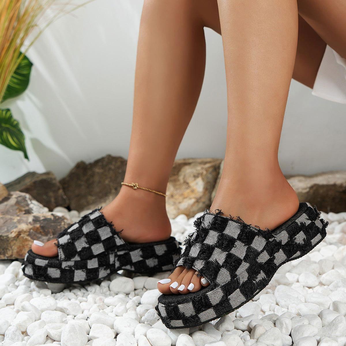 Raw Hem Plaid Platform Sandals - Clothes For Her Online Store