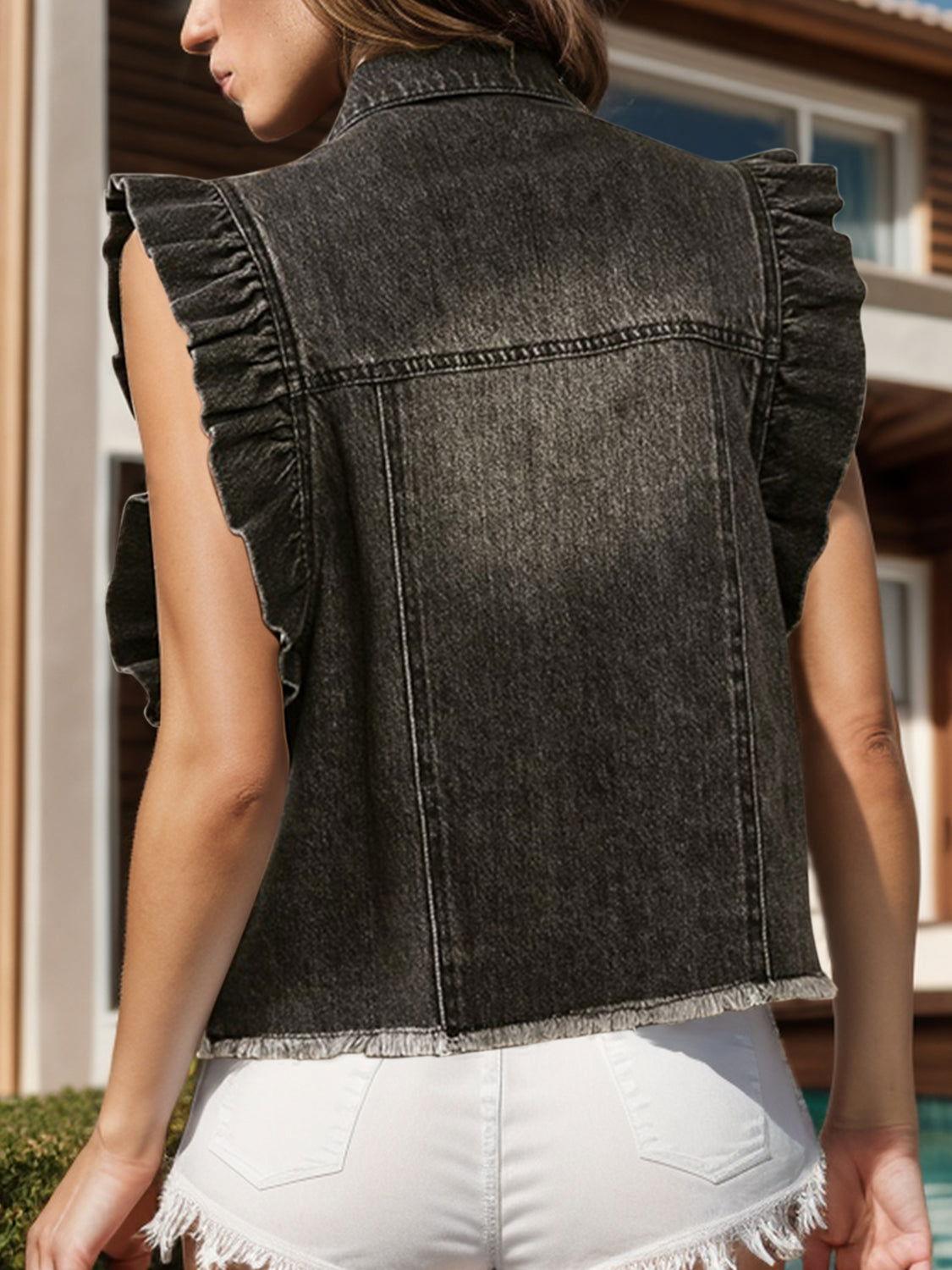 Raw Hem Ruffled Cap Sleeve Denim Jacket - Clothes For Her Online Store