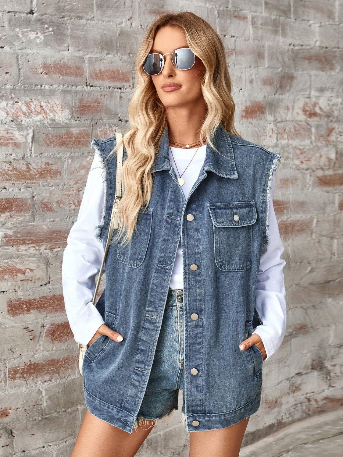 Raw Hem Sleeveless Button Up Denim Jacket - Clothes For Her Online Store