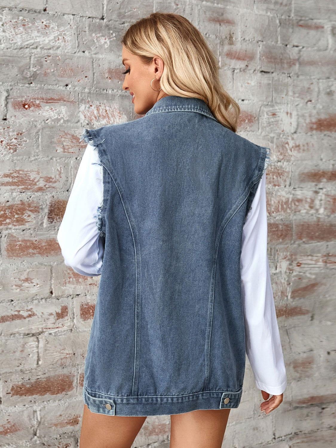 Raw Hem Sleeveless Button Up Denim Jacket - Clothes For Her Online Store