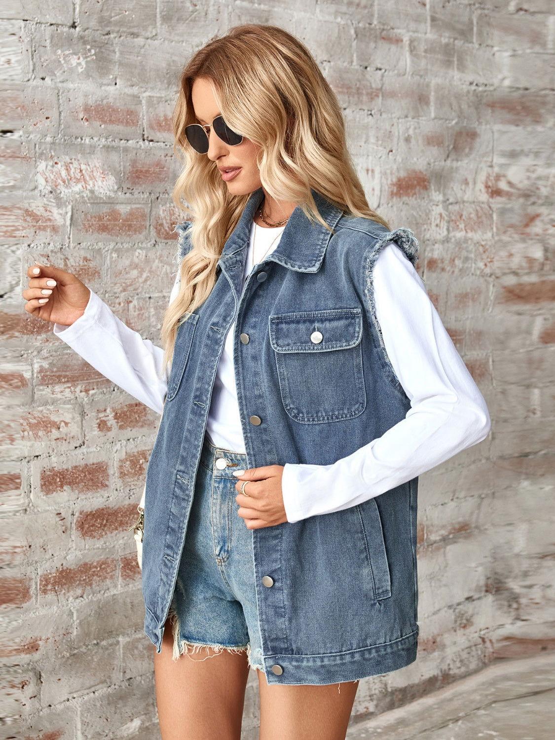 Raw Hem Sleeveless Button Up Denim Jacket - Clothes For Her Online Store
