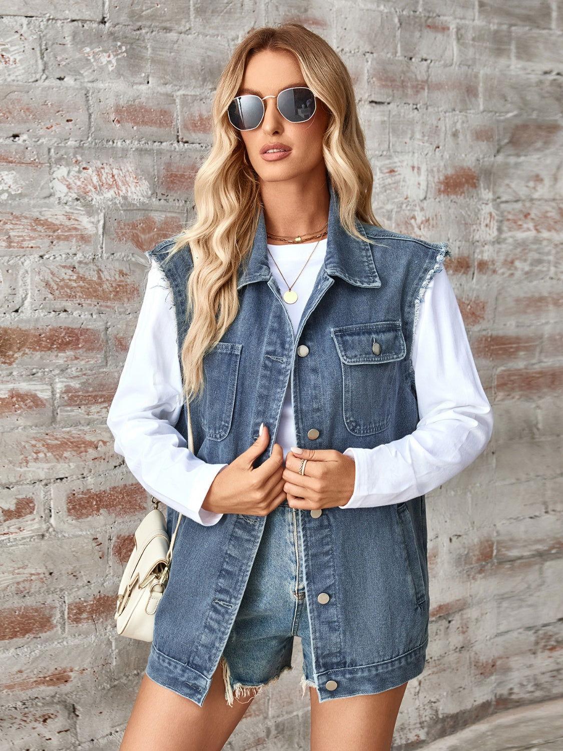Raw Hem Sleeveless Button Up Denim Jacket - Clothes For Her Online Store