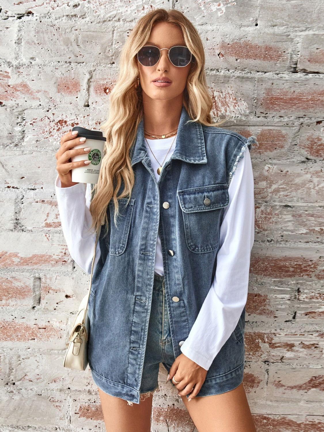 Raw Hem Sleeveless Button Up Denim Jacket - Clothes For Her Online Store