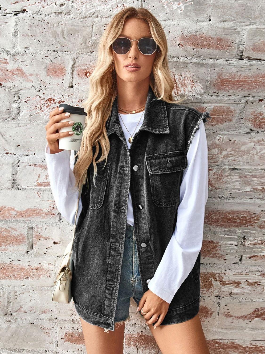 Raw Hem Sleeveless Button Up Denim Jacket - Clothes For Her Online Store