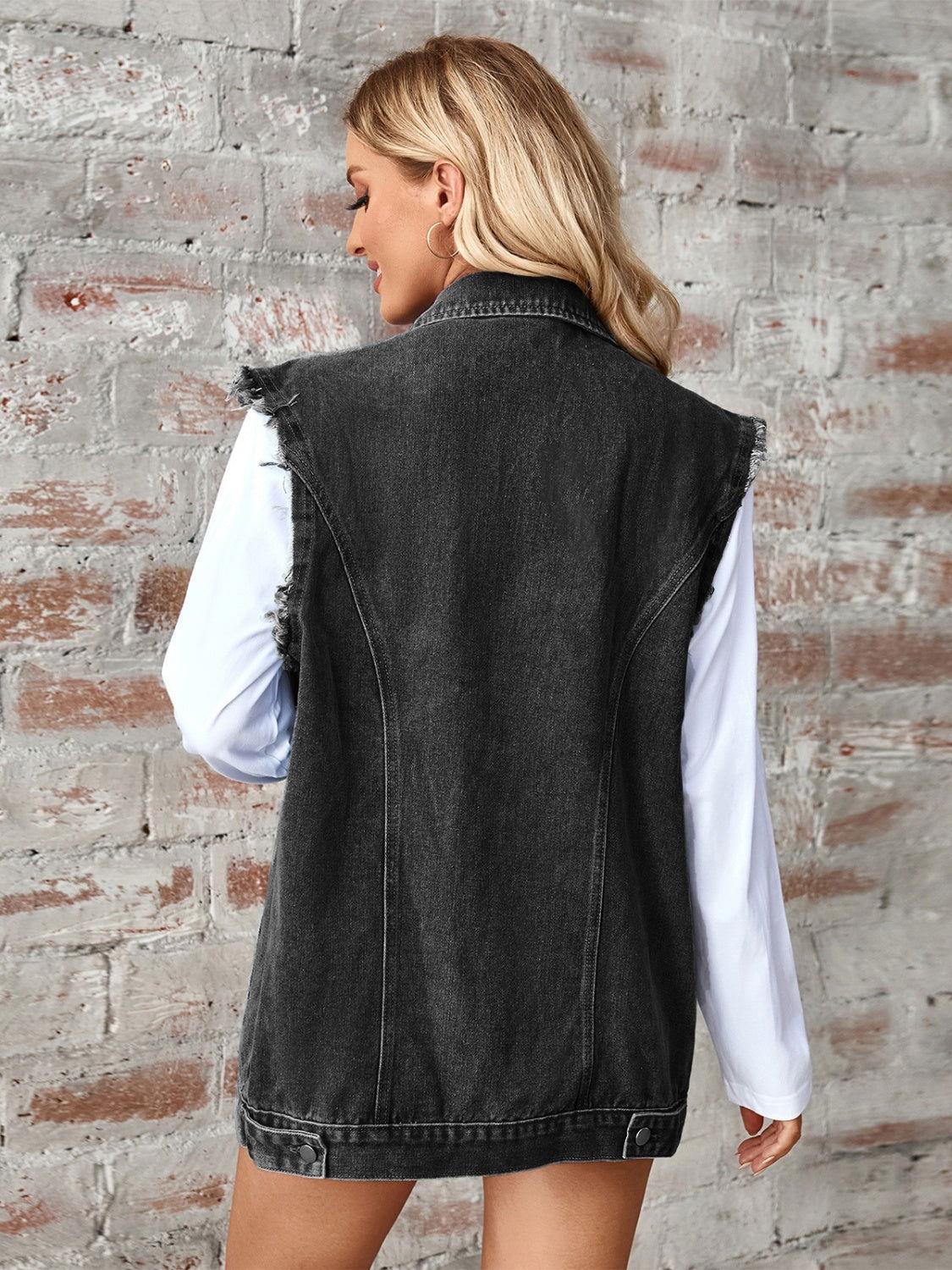 Raw Hem Sleeveless Button Up Denim Jacket - Clothes For Her Online Store