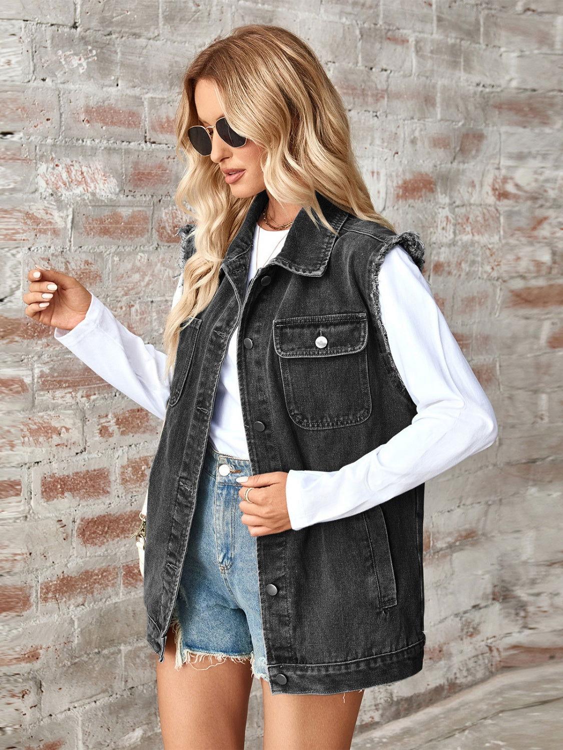 Raw Hem Sleeveless Button Up Denim Jacket - Clothes For Her Online Store