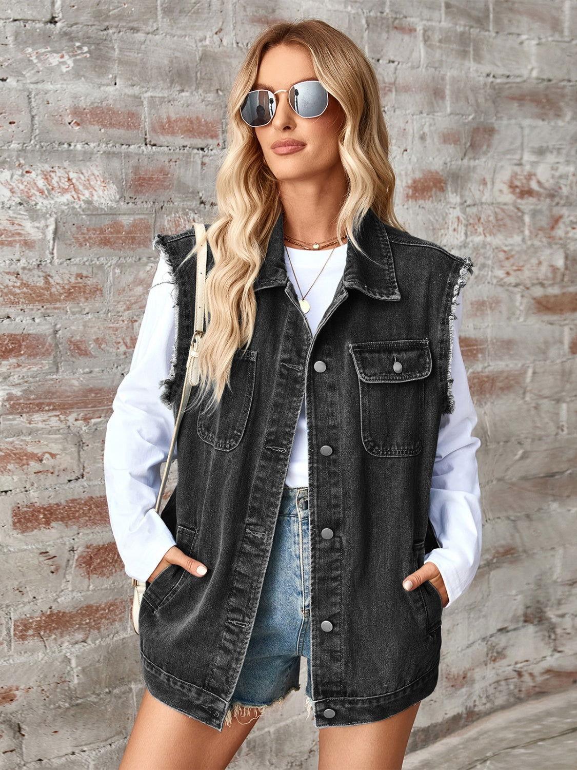 Raw Hem Sleeveless Button Up Denim Jacket - Clothes For Her Online Store