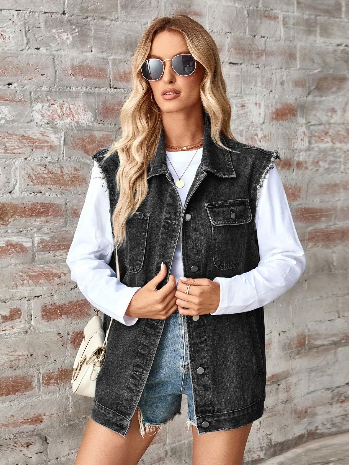 Raw Hem Sleeveless Button Up Denim Jacket - Clothes For Her Online Store
