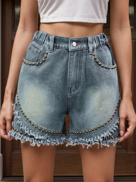 Raw Hem Studded Denim Shorts - Clothes For Her Online Store