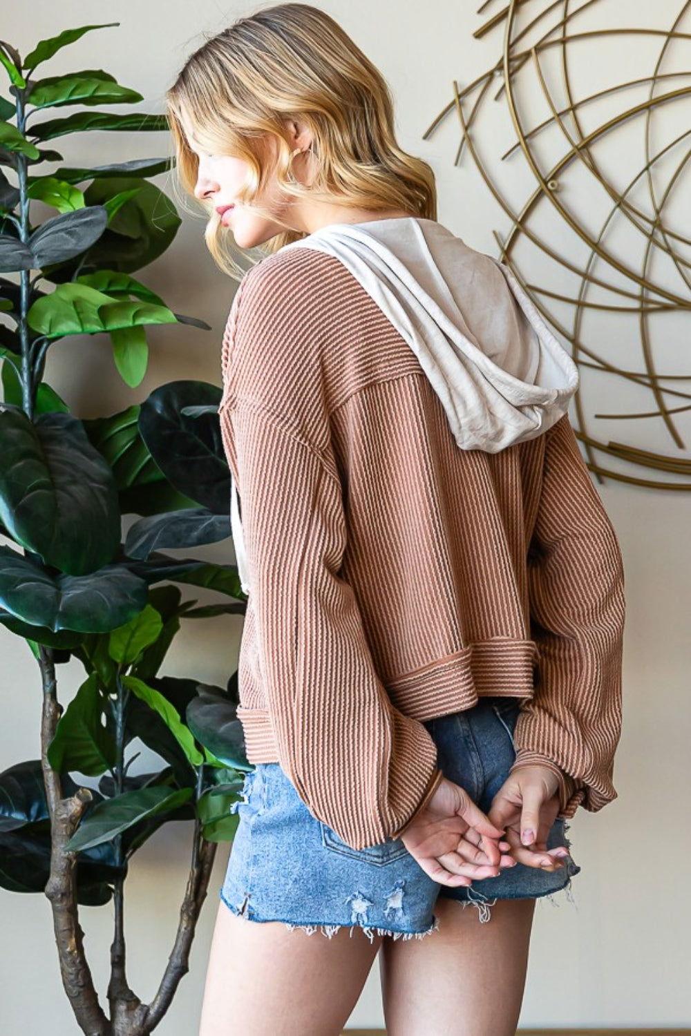 Reborn J Button Up Drawstring Striped Hooded Jacket - Clothes For Her Online Store