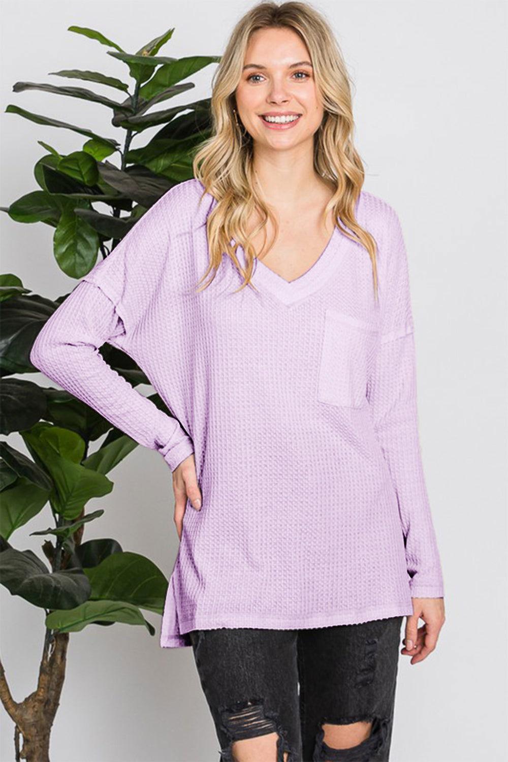 Reborn J Waffle Knit V-Neck Long Sleeve T-Shirt - Clothes For Her Online Store