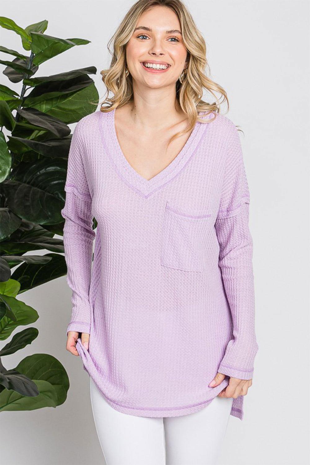 Reborn J Waffle Knit V-Neck Long Sleeve T-Shirt - Clothes For Her Online Store