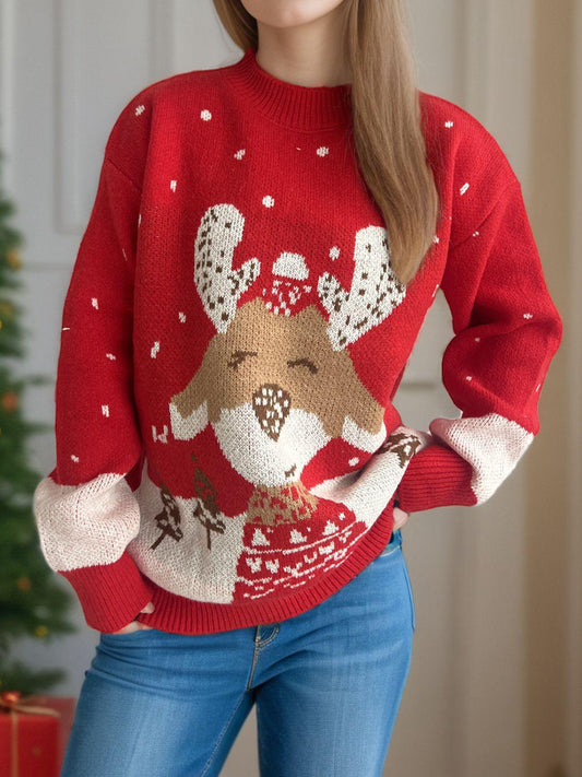 Reindeer Mock Neck Long Sleeve Sweater - Clothes For Her Online Store