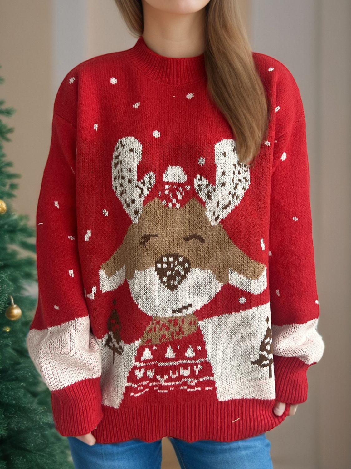 Reindeer Mock Neck Long Sleeve Sweater - Clothes For Her Online Store