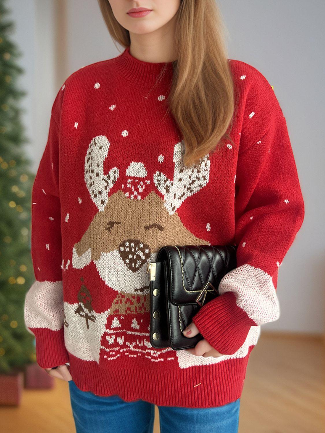 Reindeer Mock Neck Long Sleeve Sweater - Clothes For Her Online Store