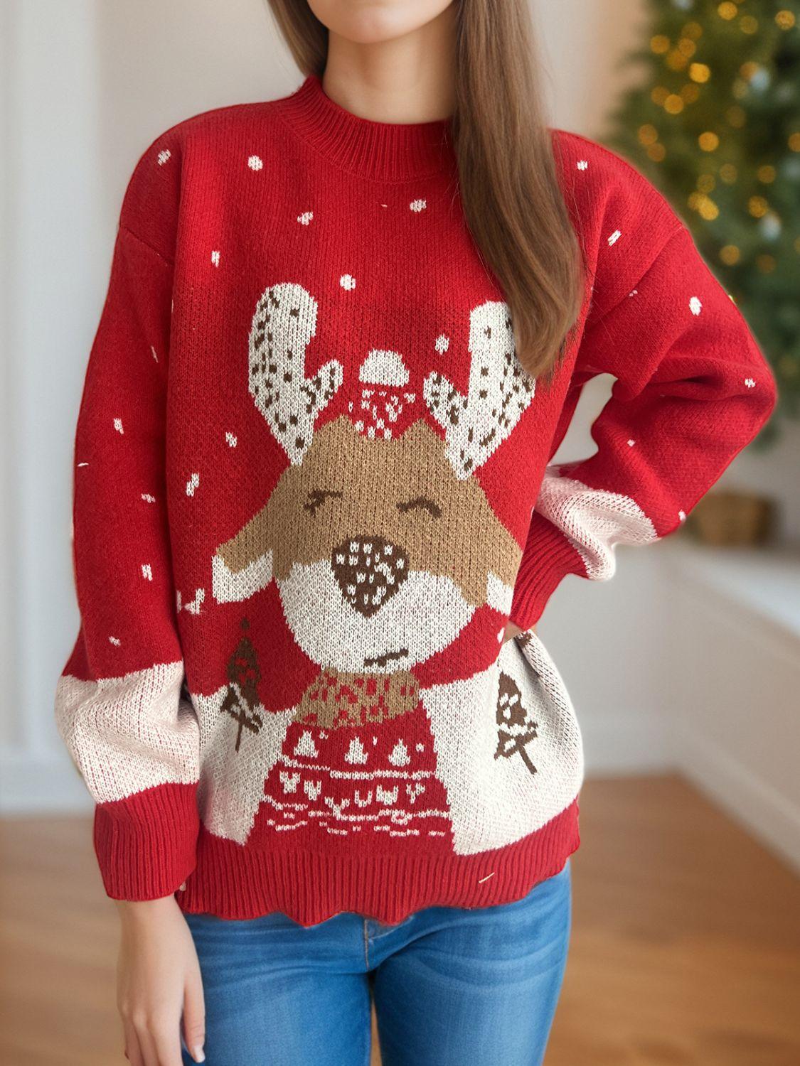 Reindeer Mock Neck Long Sleeve Sweater - Clothes For Her Online Store