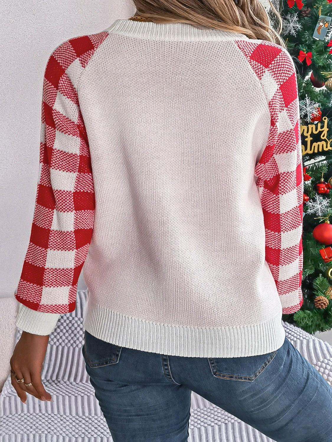 Reindeer Plaid Round Neck Long Sleeve Sweater - Clothes For Her Online Store