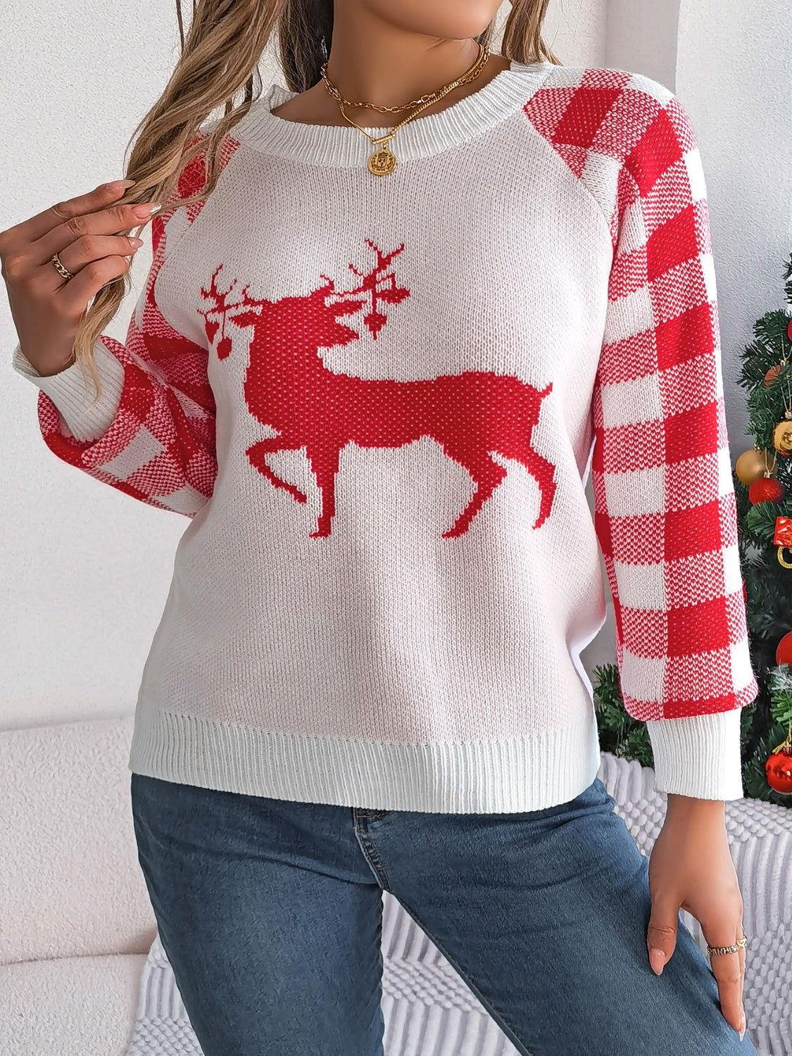 Reindeer Plaid Round Neck Long Sleeve Sweater - Clothes For Her Online Store