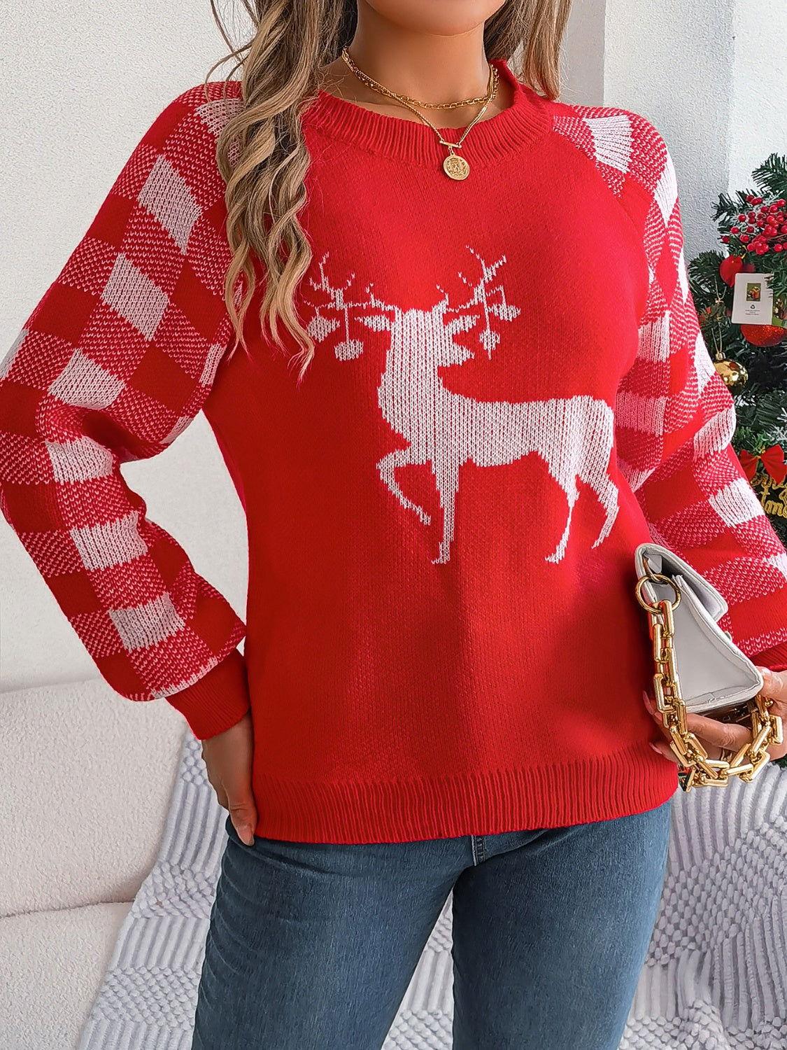 Reindeer Plaid Round Neck Long Sleeve Sweater - Clothes For Her Online Store