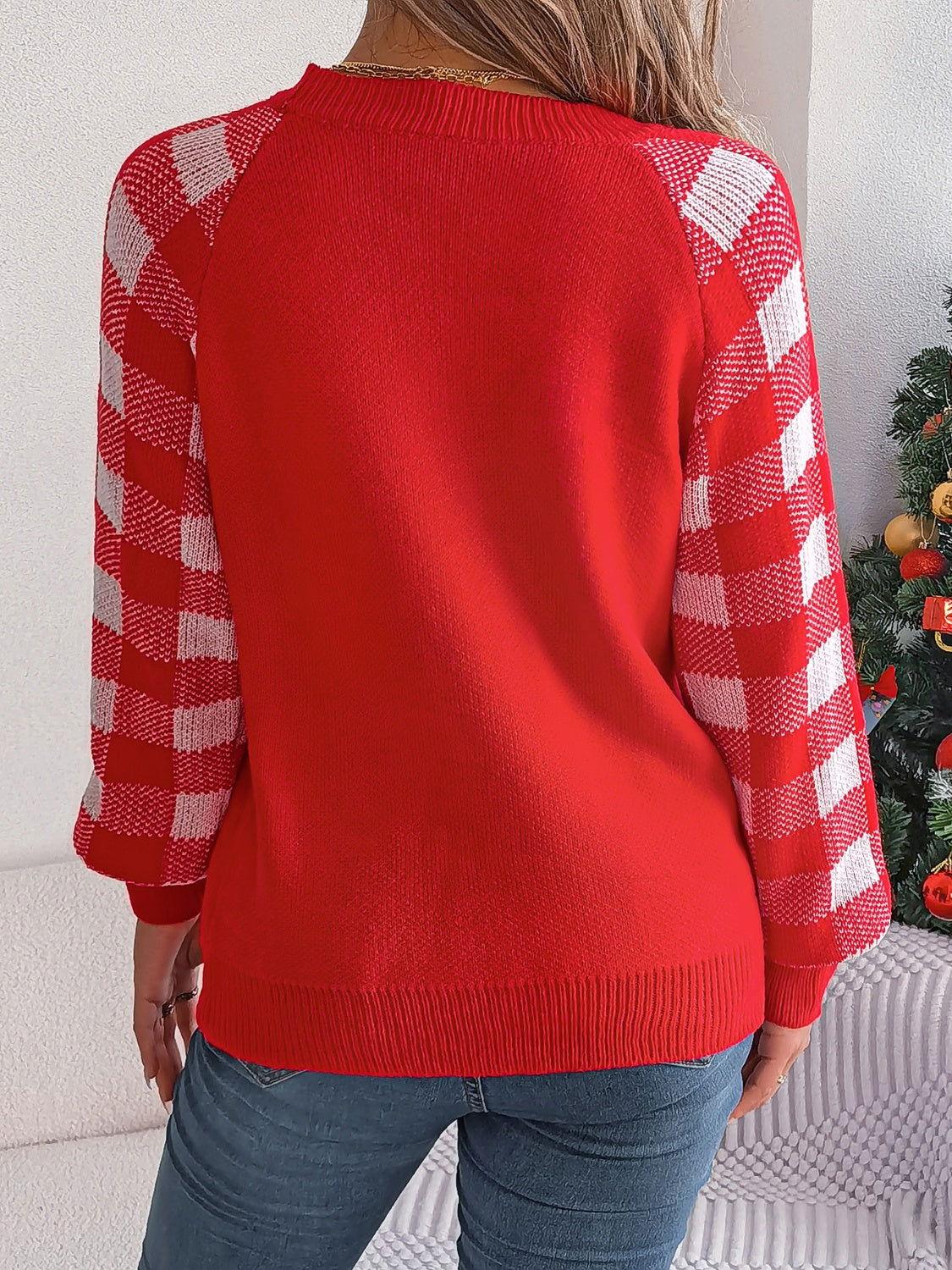 Reindeer Plaid Round Neck Long Sleeve Sweater - Clothes For Her Online Store