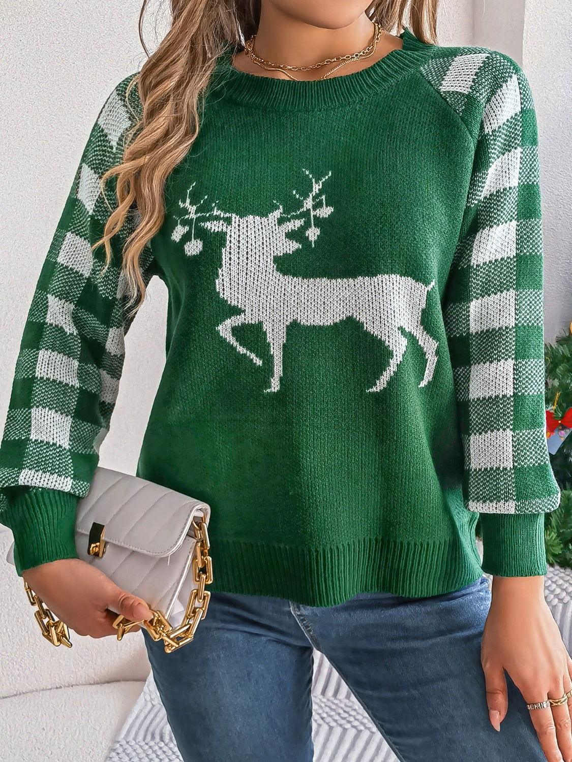 Reindeer Plaid Round Neck Long Sleeve Sweater - Clothes For Her Online Store