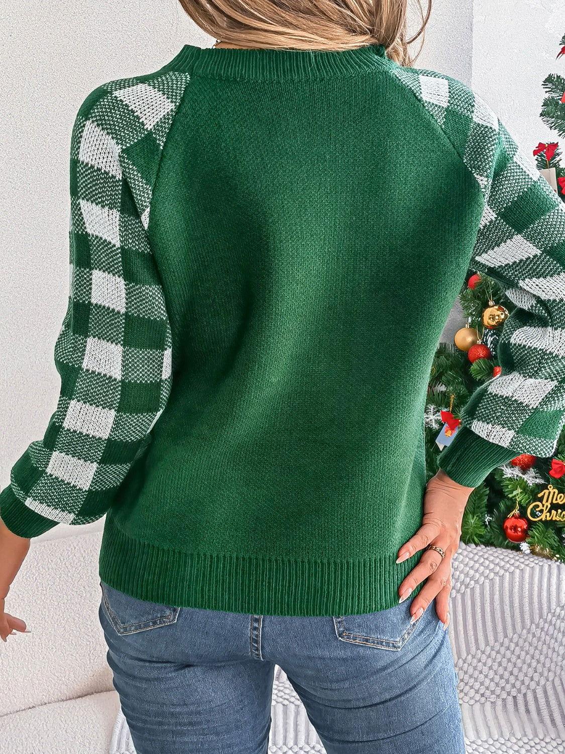 Reindeer Plaid Round Neck Long Sleeve Sweater - Clothes For Her Online Store