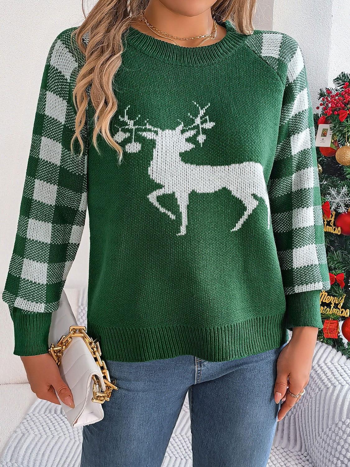 Reindeer Plaid Round Neck Long Sleeve Sweater - Clothes For Her Online Store