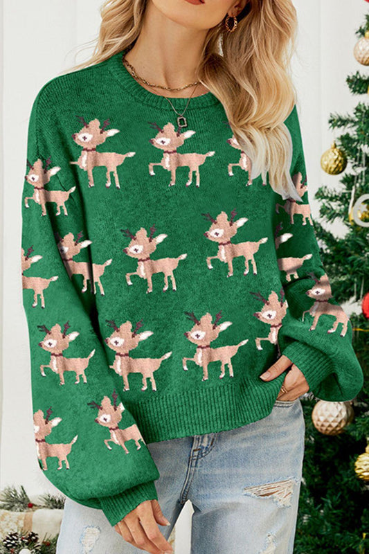 Reindeer Round Neck Drop Shoulder Sweater - Clothes For Her Online Store