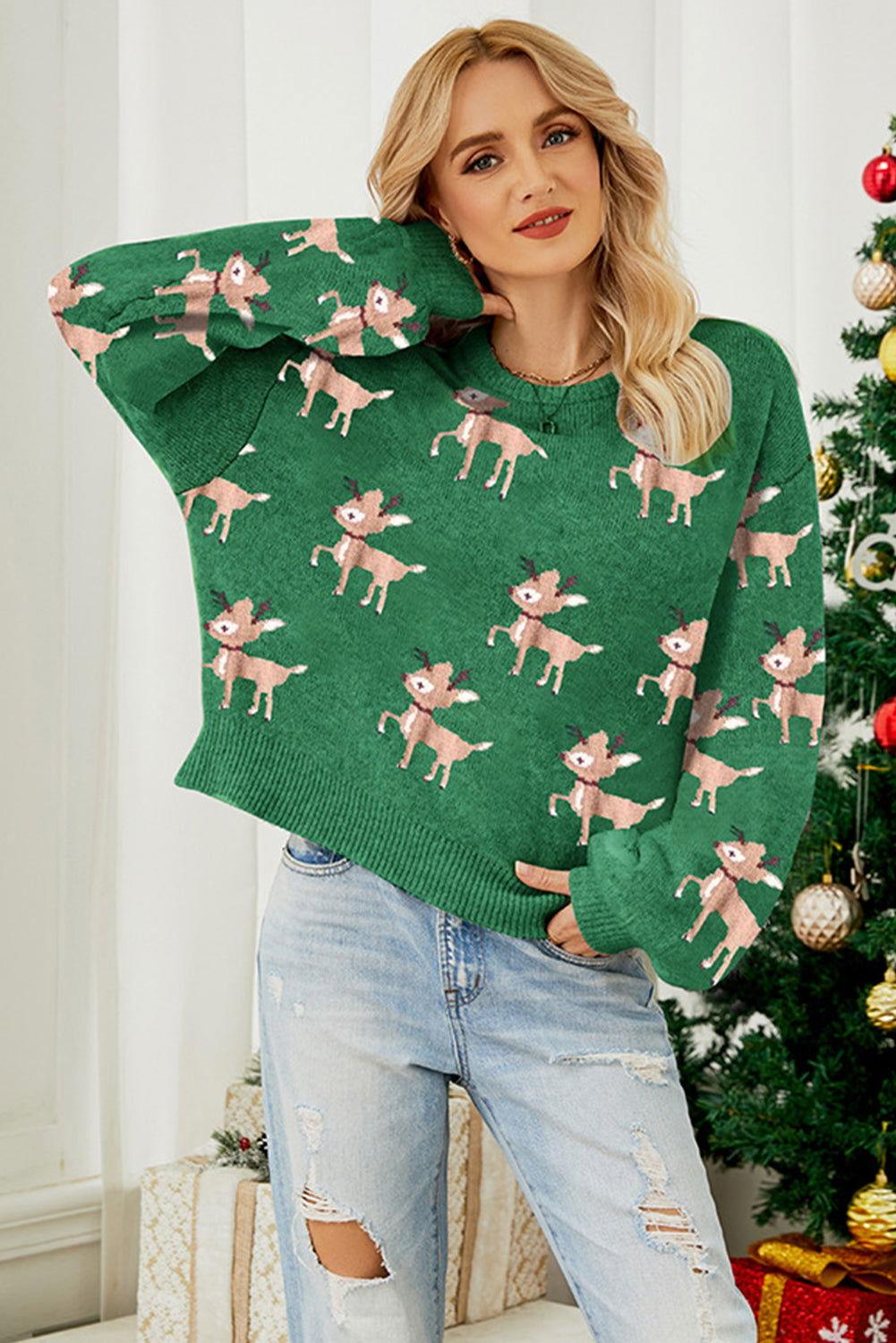 Reindeer Round Neck Drop Shoulder Sweater - Clothes For Her Online Store