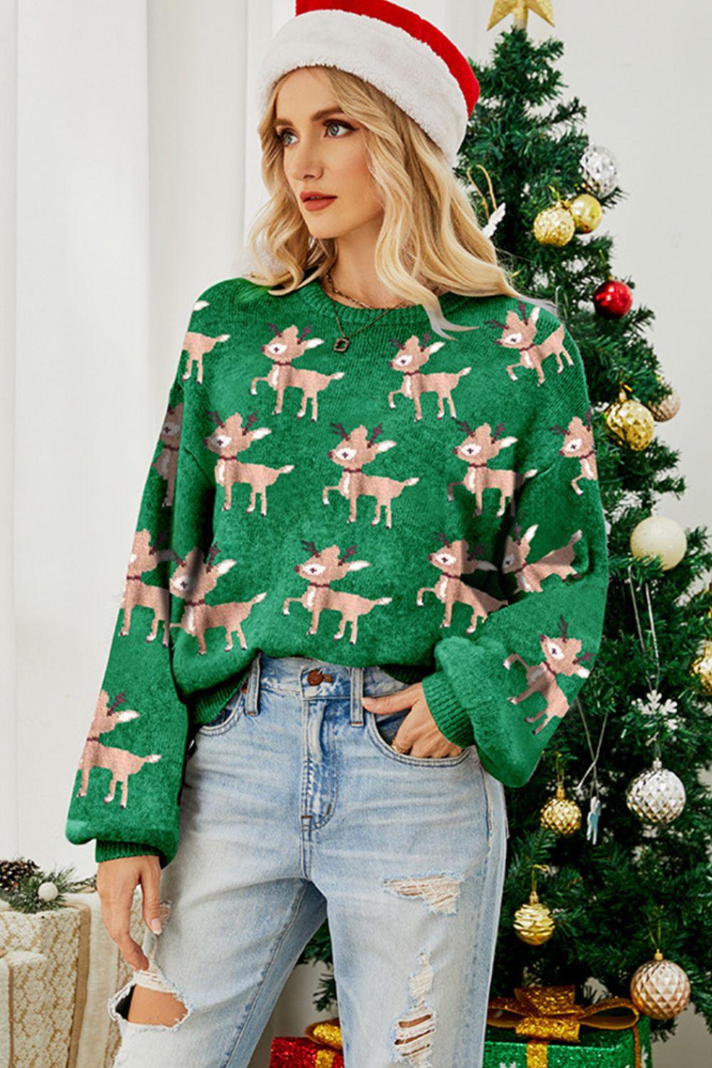 Reindeer Round Neck Drop Shoulder Sweater - Clothes For Her Online Store