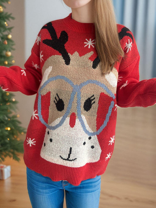 Reindeer Round Neck Dropped Shoulder Sweater - Clothes For Her Online Store