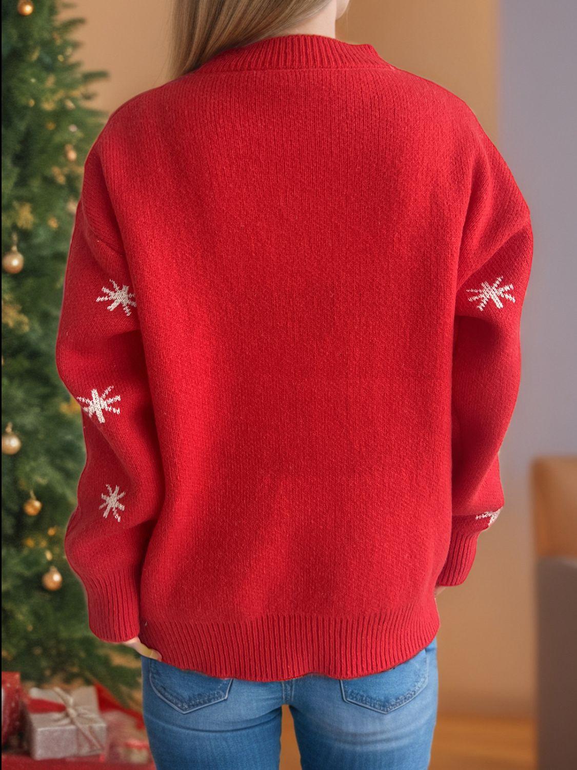 Reindeer Round Neck Dropped Shoulder Sweater - Clothes For Her Online Store