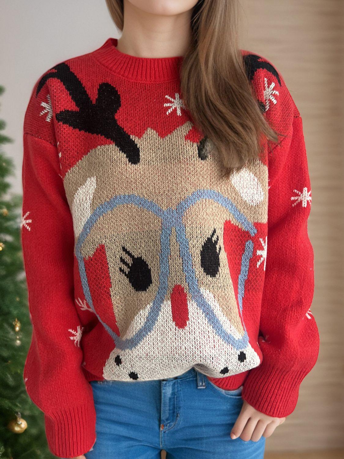 Reindeer Round Neck Dropped Shoulder Sweater - Clothes For Her Online Store