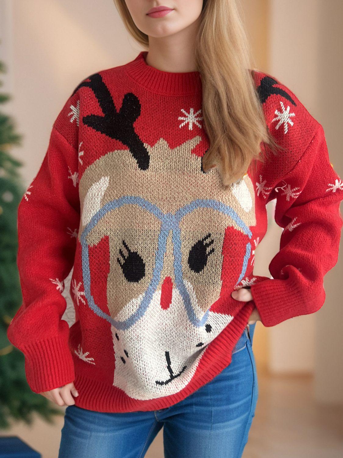 Reindeer Round Neck Dropped Shoulder Sweater - Clothes For Her Online Store