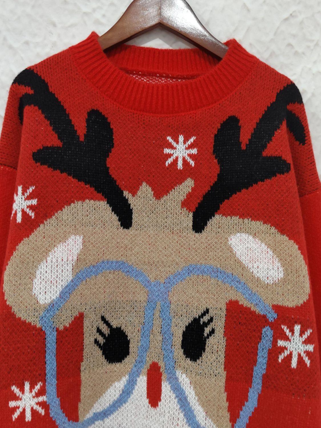 Reindeer Round Neck Dropped Shoulder Sweater - Clothes For Her Online Store