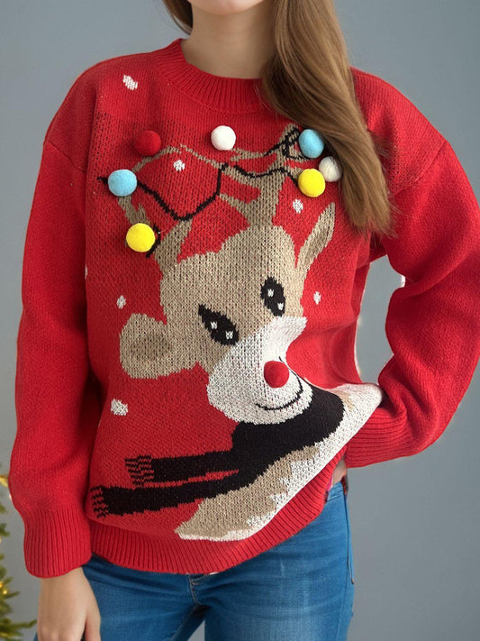 Reindeer Round Neck Long Sleeve Sweater - Clothes For Her Online Store