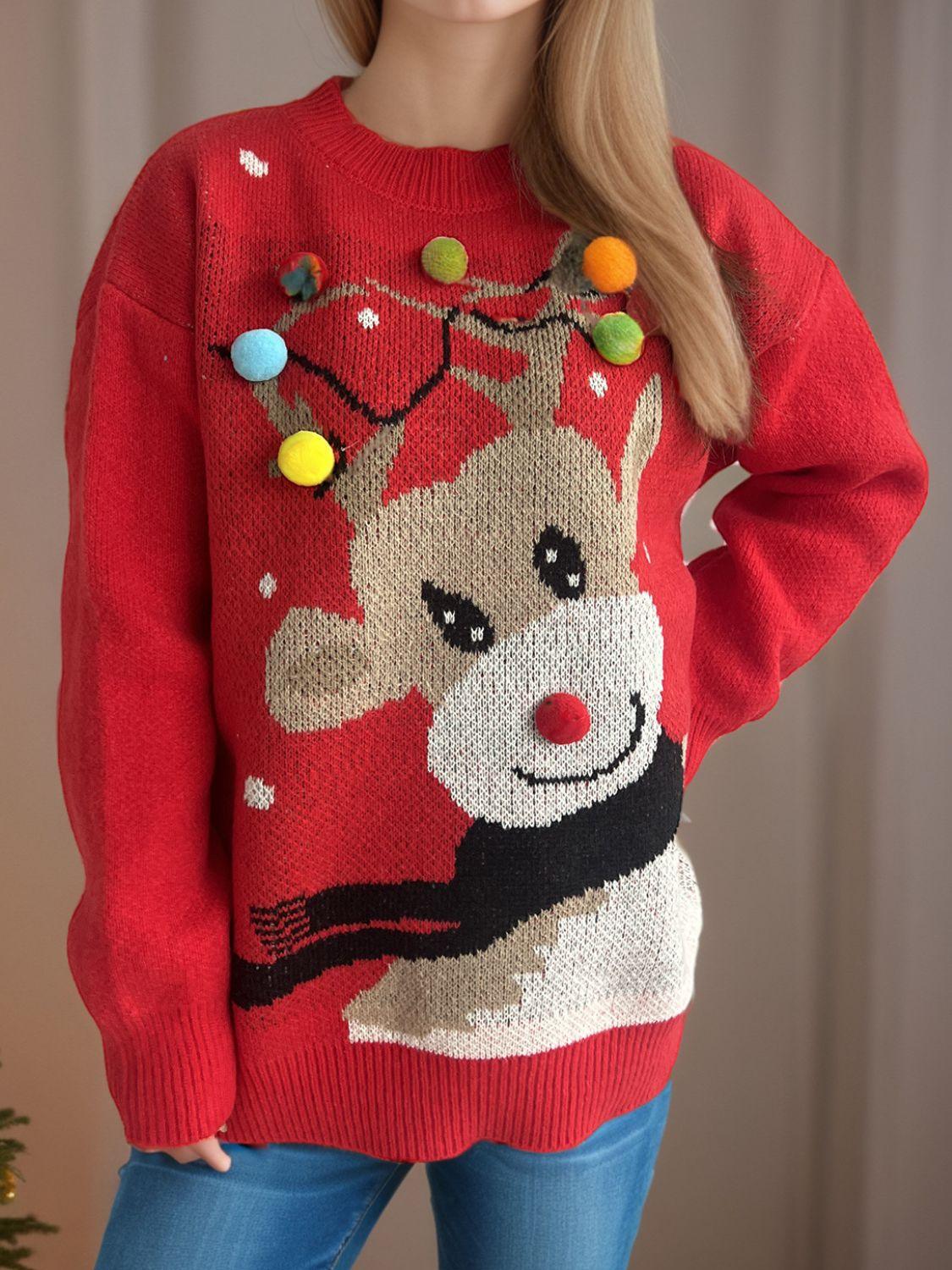 Reindeer Round Neck Long Sleeve Sweater - Clothes For Her Online Store
