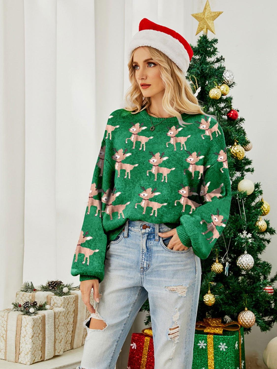 Reindeer Round Neck Long Sleeve Sweater - Clothes For Her Online Store