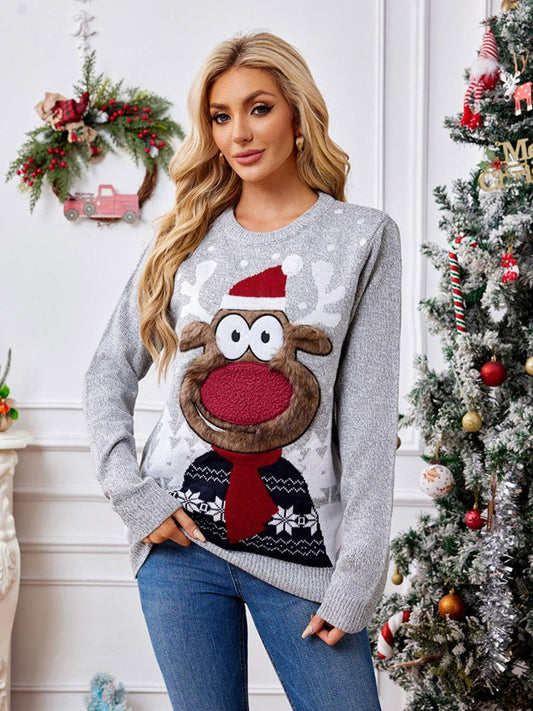 Reindeer Round Neck Long Sleeve Sweater - Clothes For Her Online Store