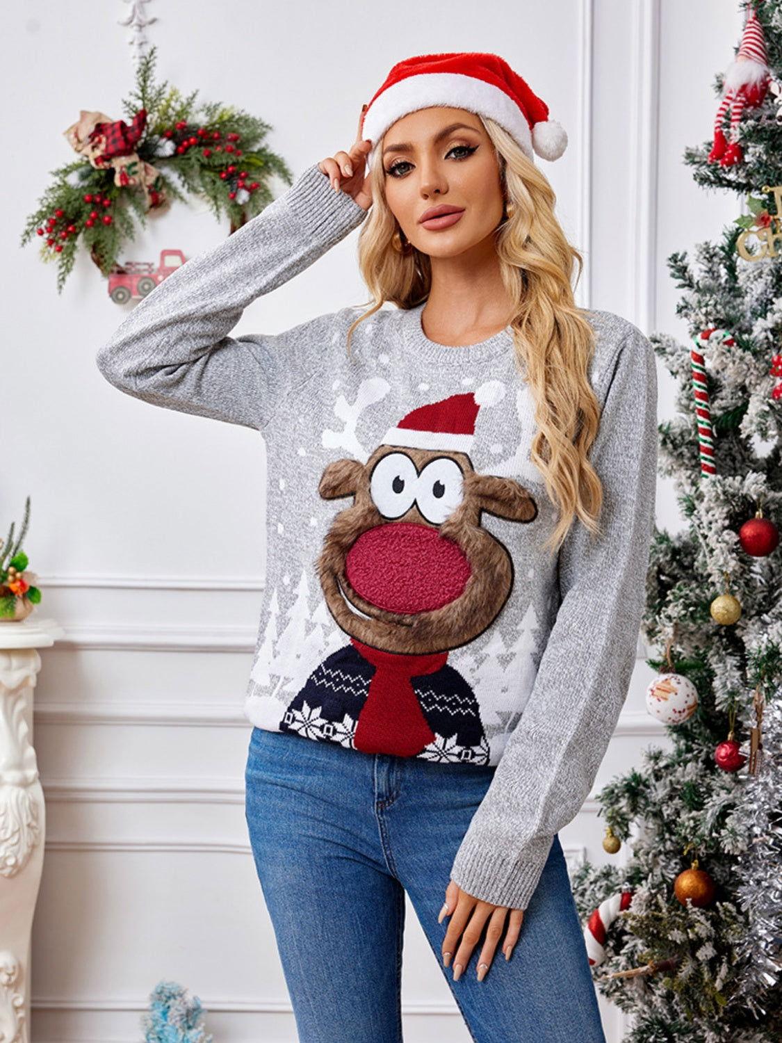 Reindeer Round Neck Long Sleeve Sweater - Clothes For Her Online Store