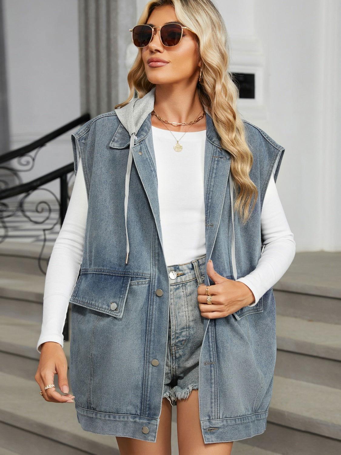 Removable Hood Button Up Cap Sleeve Denim Jacket - Clothes For Her Online Store