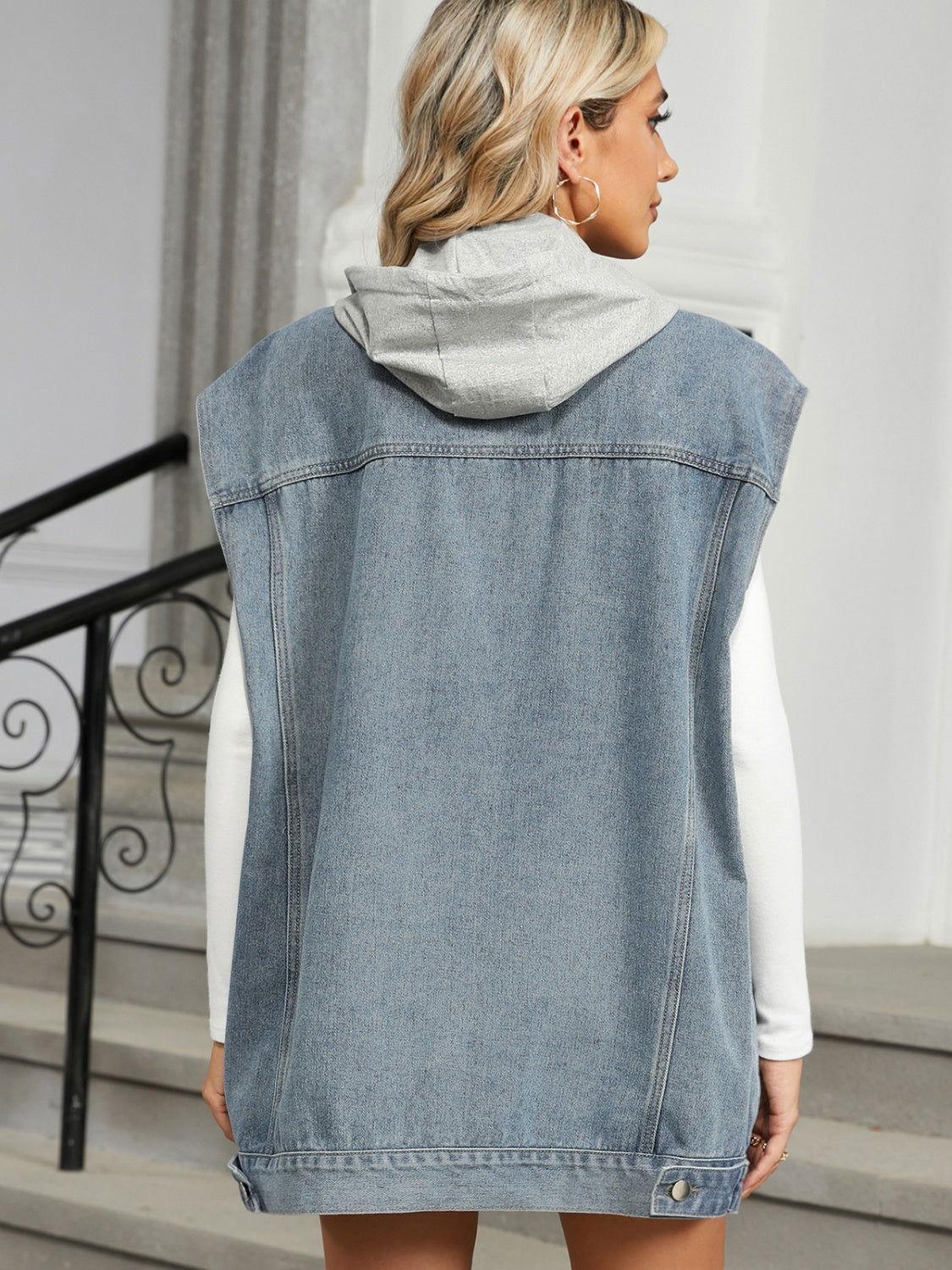 Removable Hood Button Up Cap Sleeve Denim Jacket - Clothes For Her Online Store