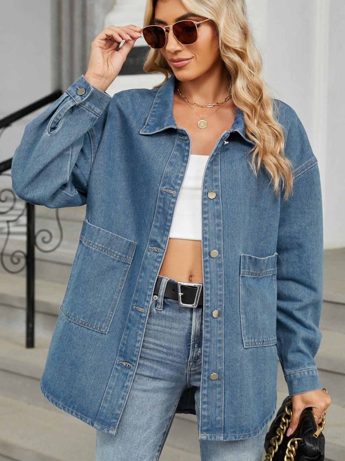 Removable Hood Button Up Long Sleeve Denim Jacket - Clothes For Her Online Store