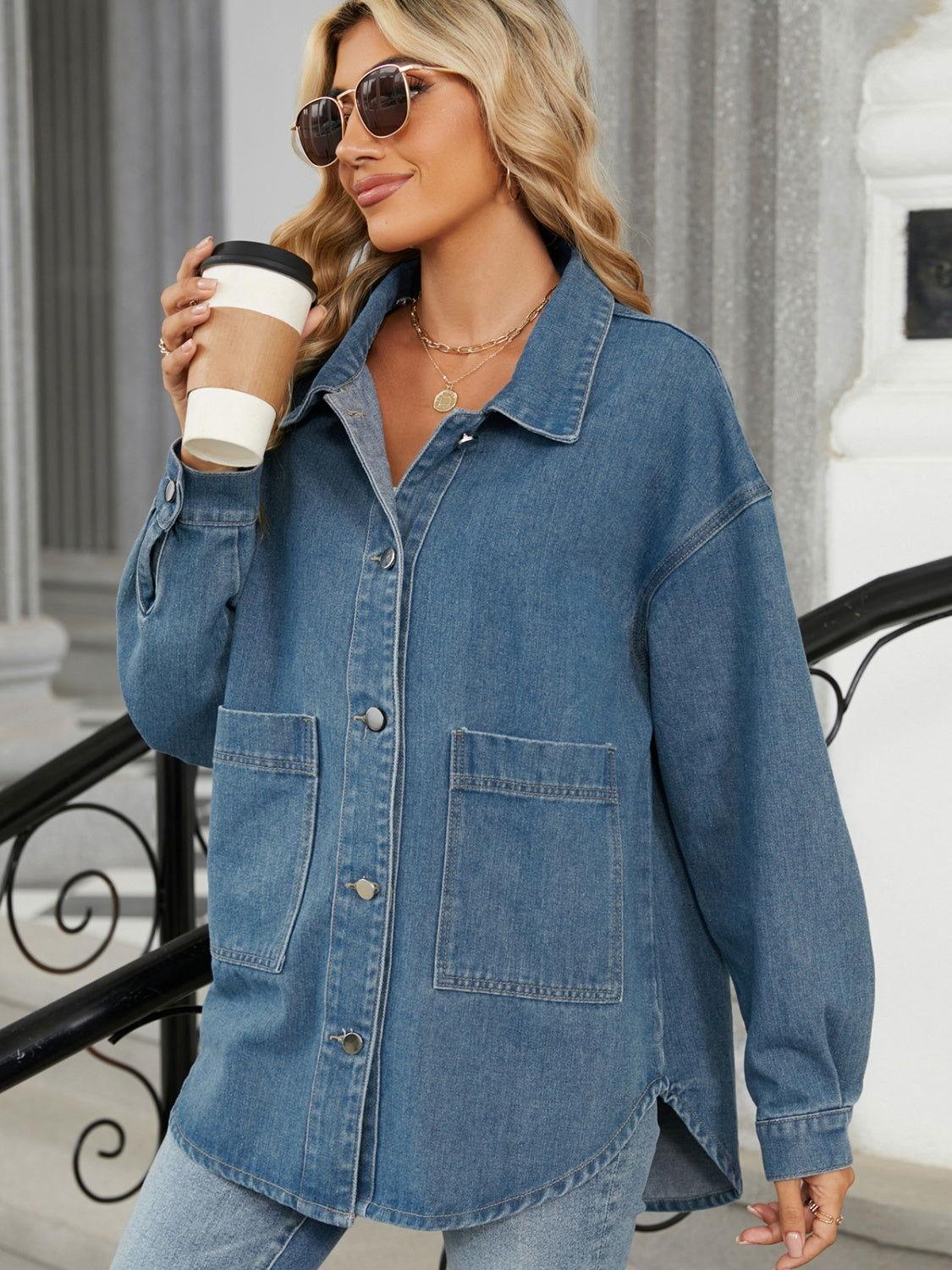 Removable Hood Button Up Long Sleeve Denim Jacket - Clothes For Her Online Store