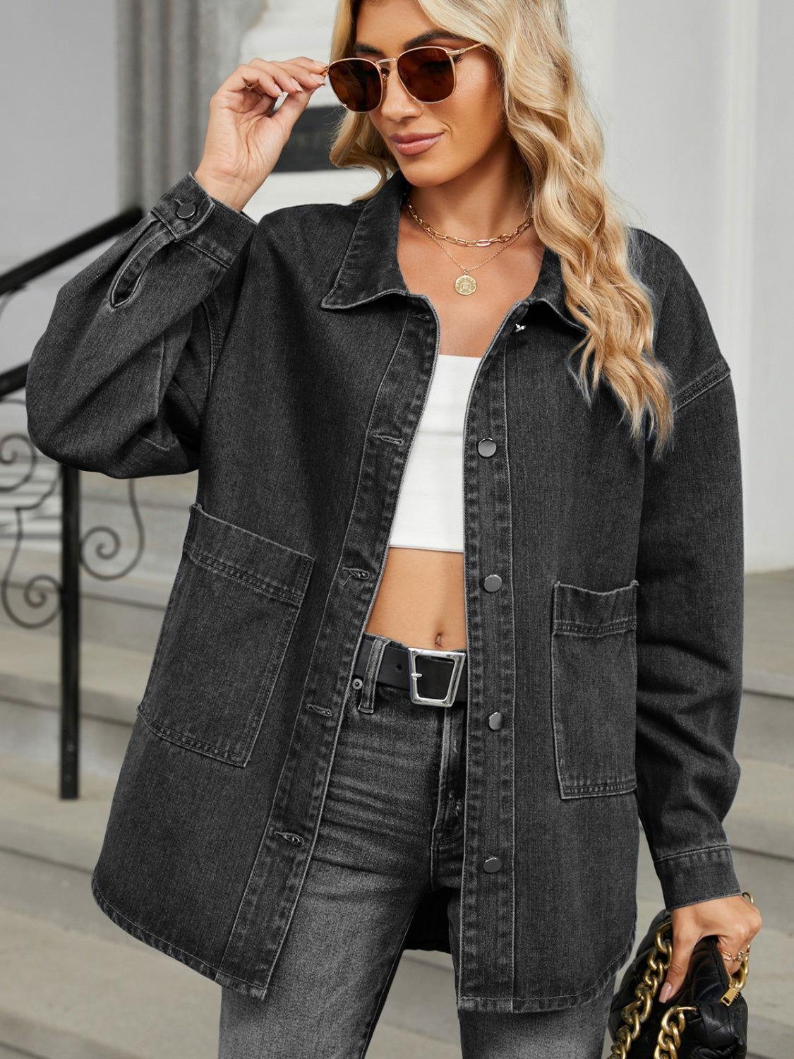 Removable Hood Button Up Long Sleeve Denim Jacket - Clothes For Her Online Store