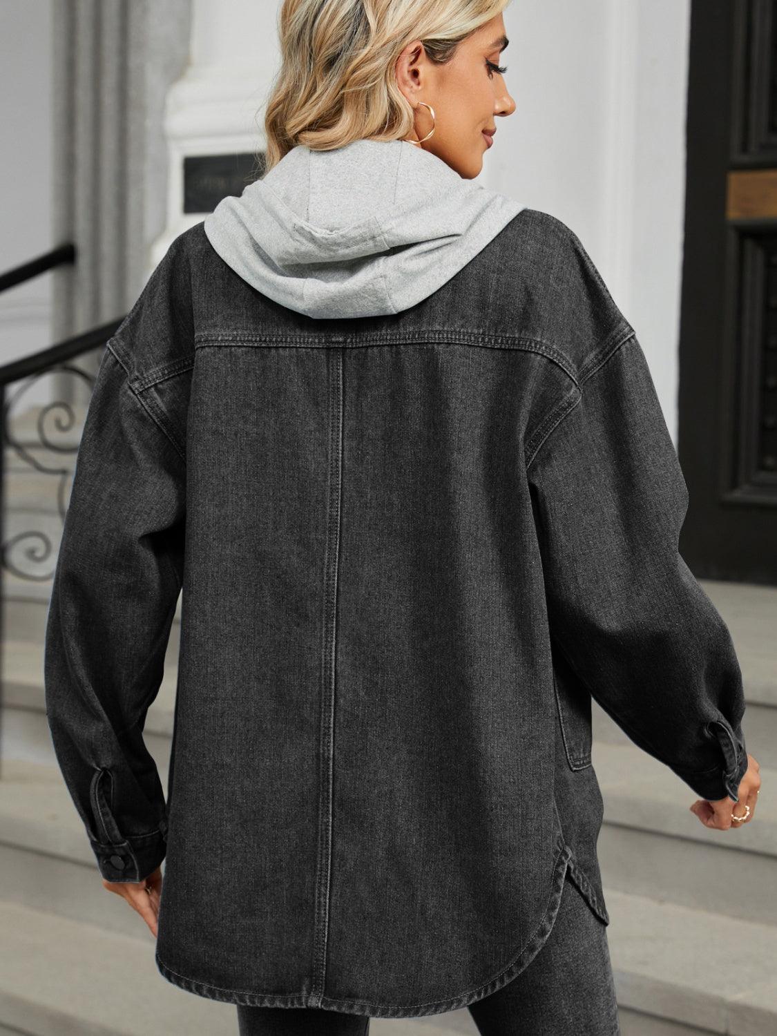 Removable Hood Button Up Long Sleeve Denim Jacket - Clothes For Her Online Store
