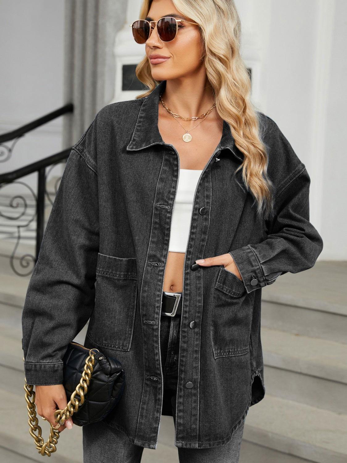 Removable Hood Button Up Long Sleeve Denim Jacket - Clothes For Her Online Store